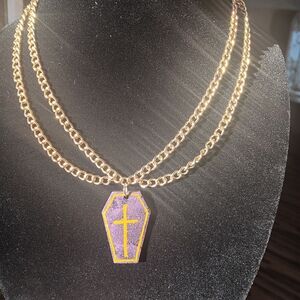Gold Double Chain Necklace with Purple Coffin Pendant
